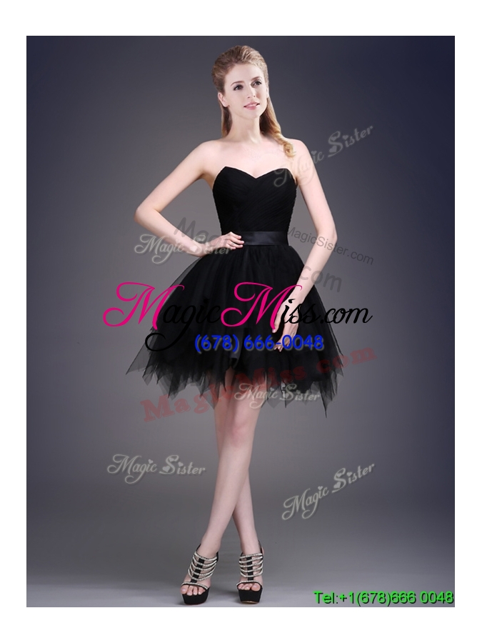 wholesale best selling black short prom dress with ruffles and belt