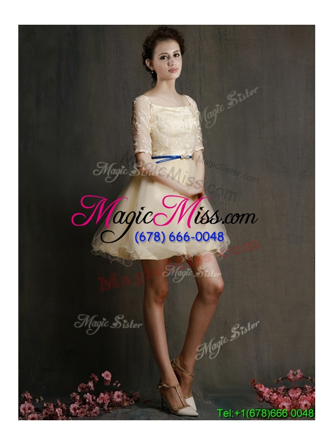 wholesale romantic square half sleeves prom dress with sashes and lace