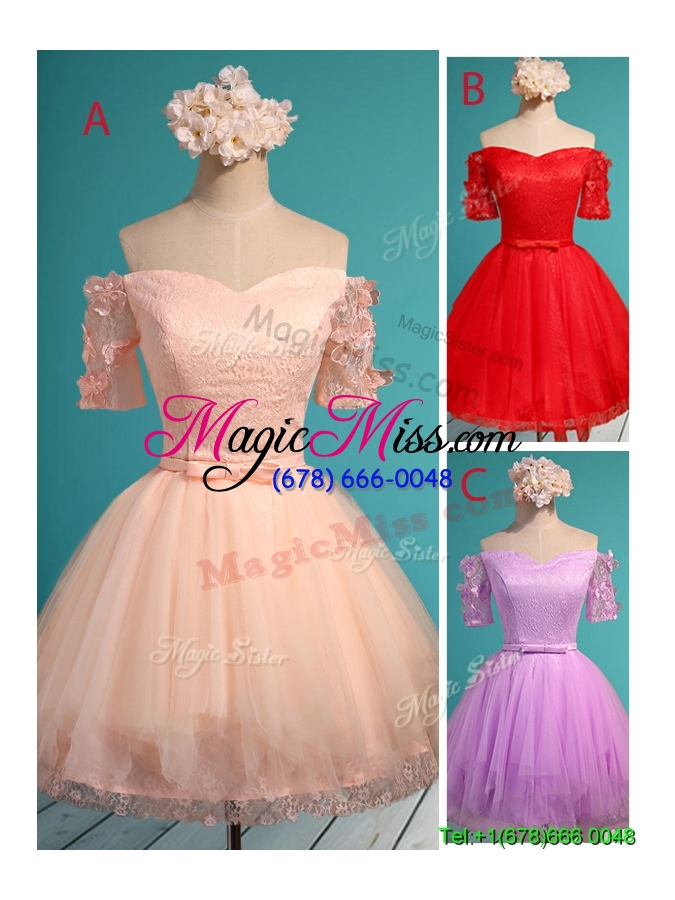 wholesale luxurious off the shoulder short prom dress with appliques and belt