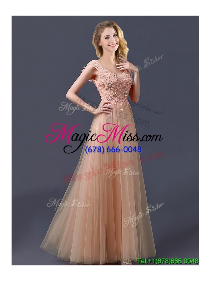 wholesale top selling v neck long prom dress with appliques and beading