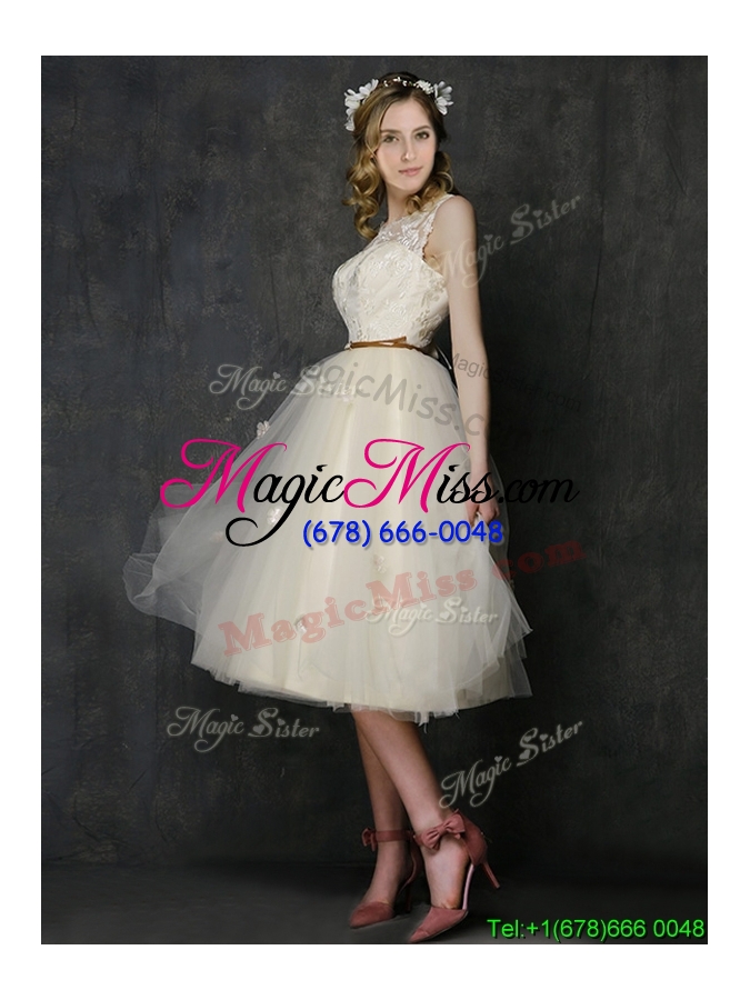 wholesale popular scoop champagne prom dress with sashes and lace