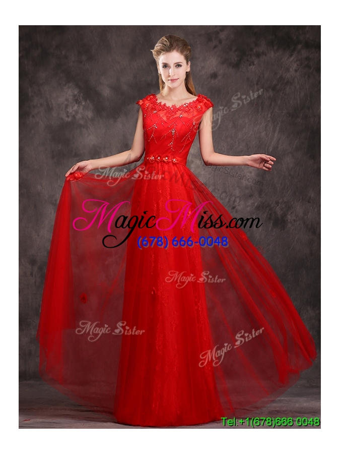 wholesale discount beaded and applique cap sleeves long prom dress in tulle