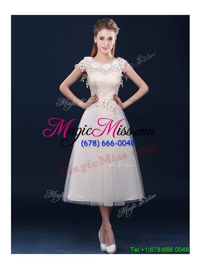 wholesale pretty tea length a line prom dress with cap sleeves