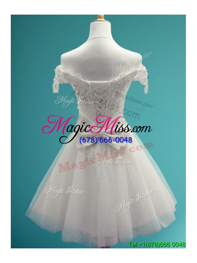 wholesale gorgeous white off the shoulder cap sleeves prom dress with beading and bowknot