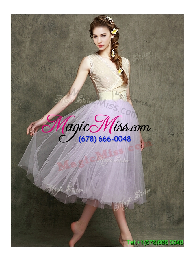 wholesale new style lavender v neck bridesmaid dress with bowknot and belt