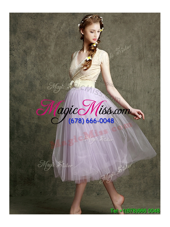 wholesale new style lavender v neck bridesmaid dress with bowknot and belt