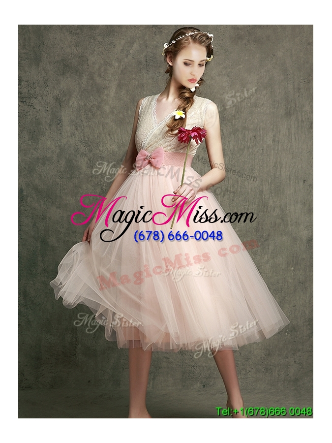 wholesale beautiful tea length v neck bridesmaid with belt and bowknot