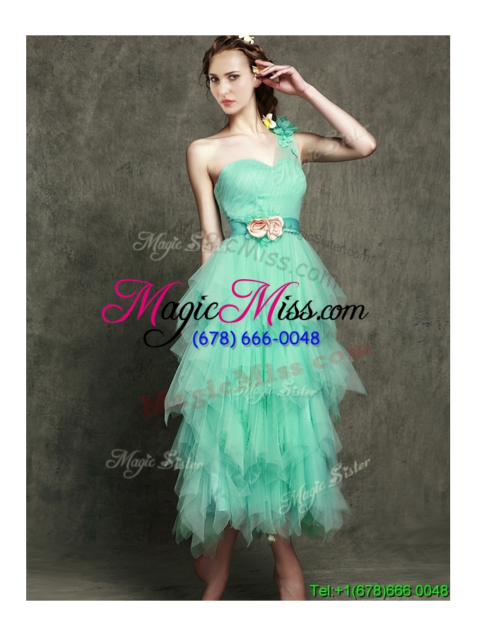 wholesale popular one shoulder bridesmaid dress with ruffled layers and hand made flowers