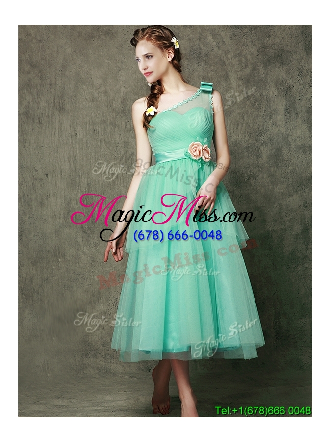 wholesale see through one shoulder bridesmaid dress with bowknot and hand made flowers