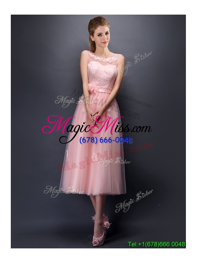 wholesale lovely hand made flowers and applique scoop bridesmaid dress in baby pink