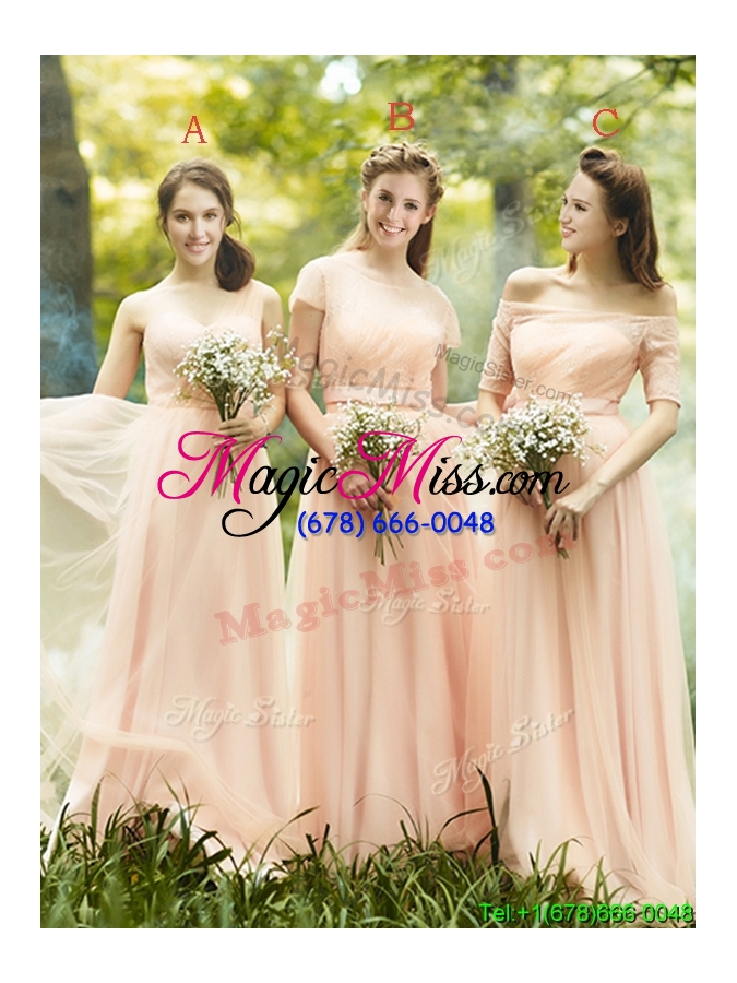 wholesale elegant see through scoop short sleeves bridesmaid dress in peach
