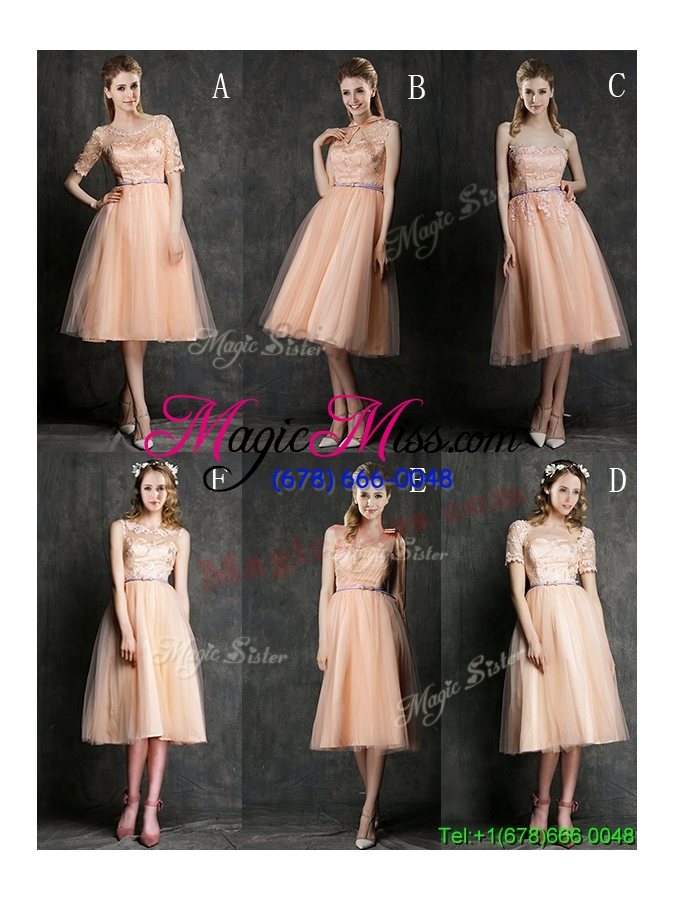 wholesale popular high neck peach bridesmaid dress with sashes and lace