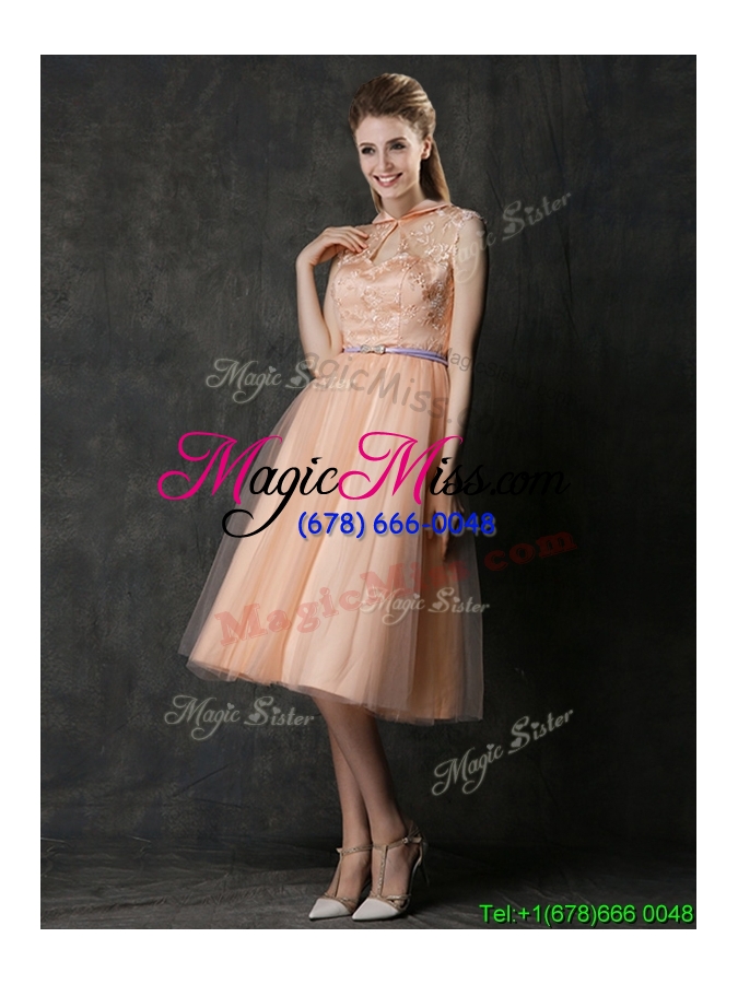 wholesale popular high neck peach bridesmaid dress with sashes and lace