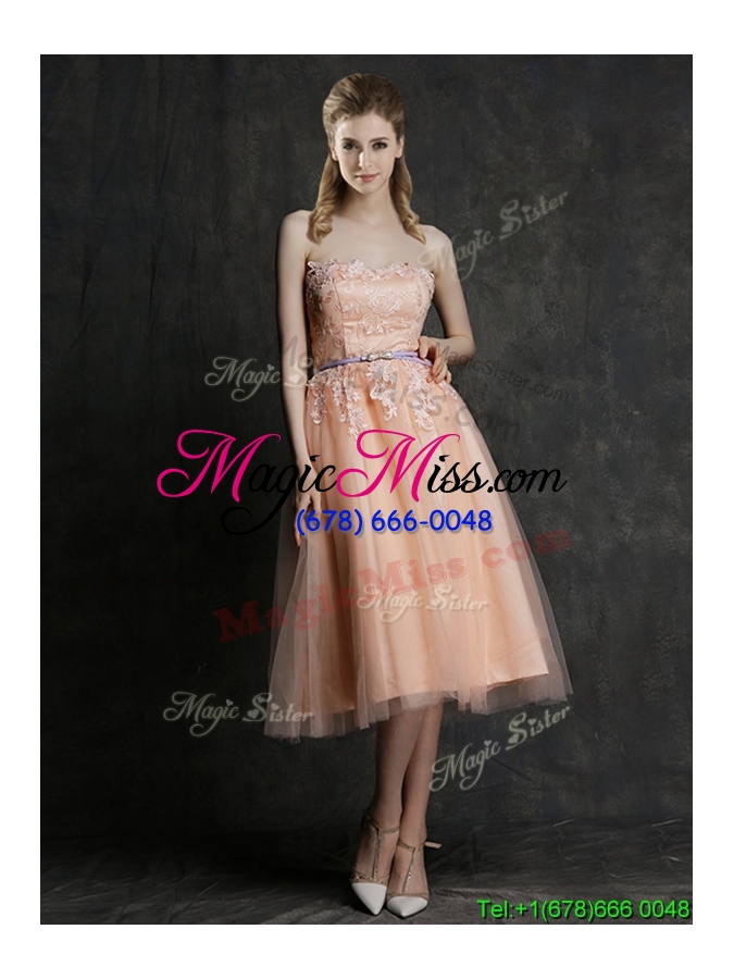wholesale hot sale strapless peach bridesmaid dress with sashes and lace