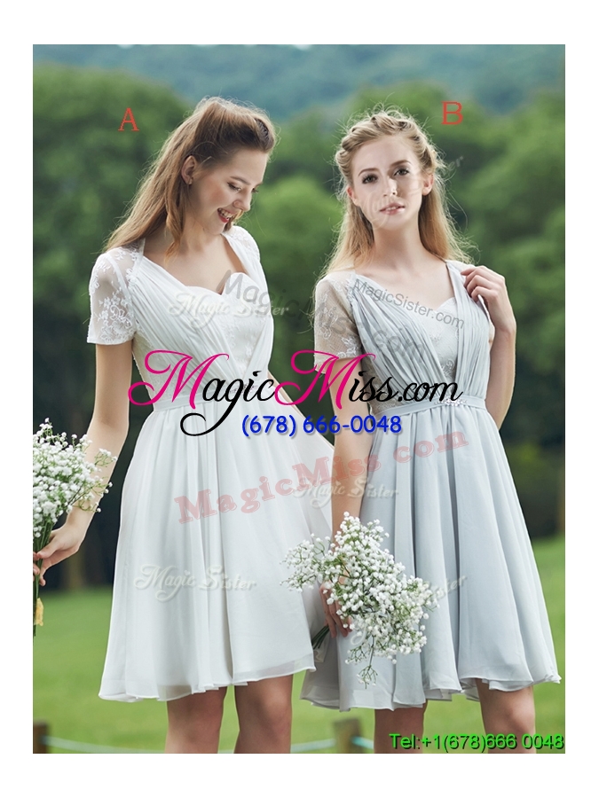 wholesale see through short sleeves white bridesmaid dress with belt and lace