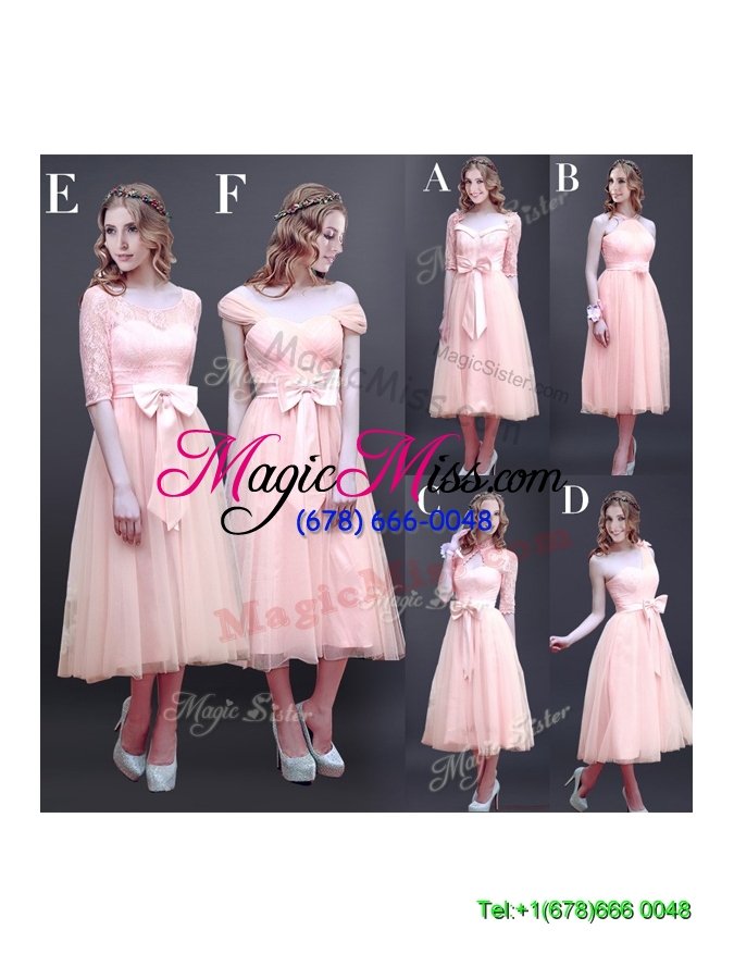 wholesale comfortable square half sleeves bowknot bridesmaid dress in baby pink