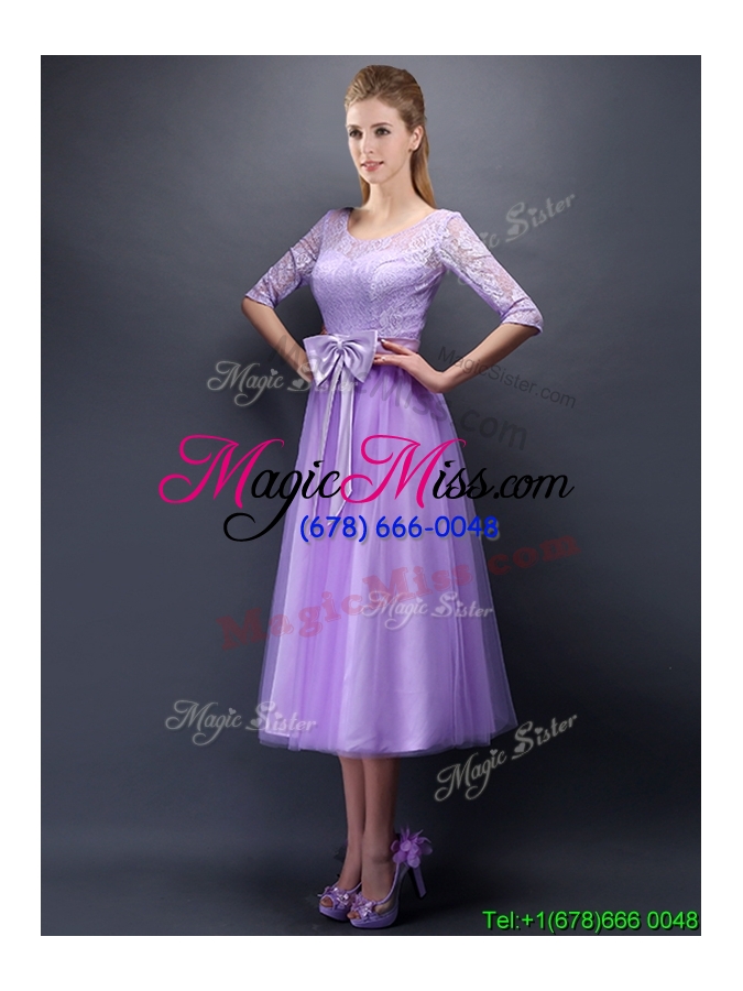 wholesale cheap see through scoop half sleeves bridesmaid dress with bowknot