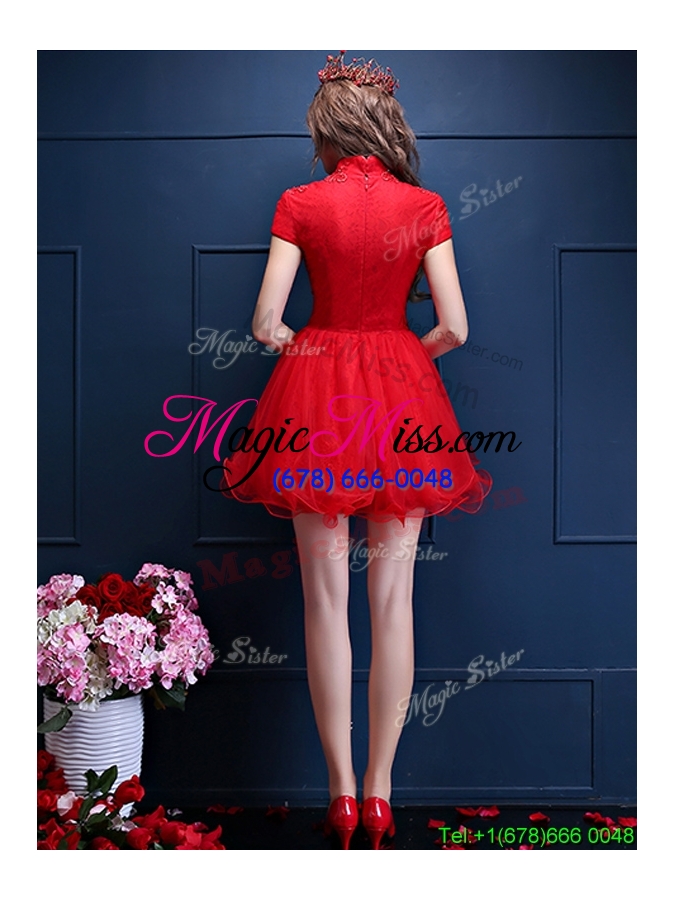 wholesale luxurious high neck short sleeves bridesmaid dress with appliques and beading