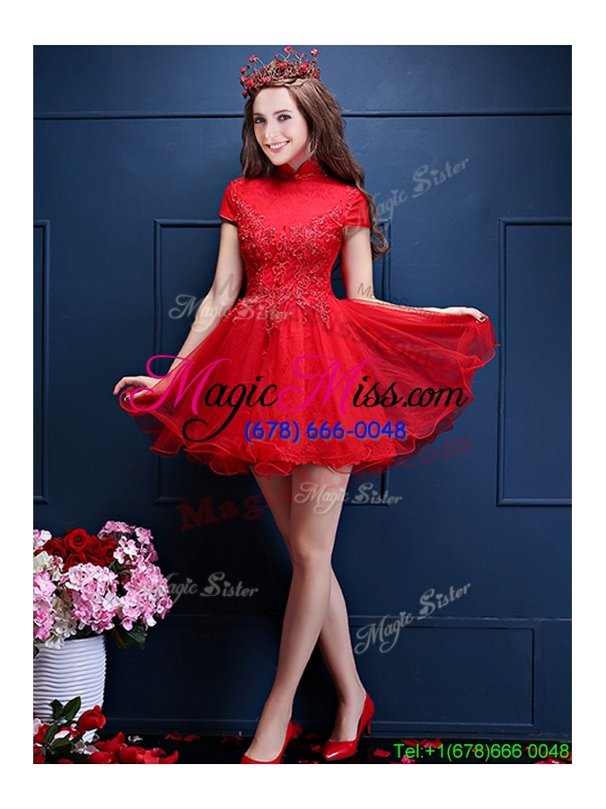wholesale luxurious high neck short sleeves bridesmaid dress with appliques and beading
