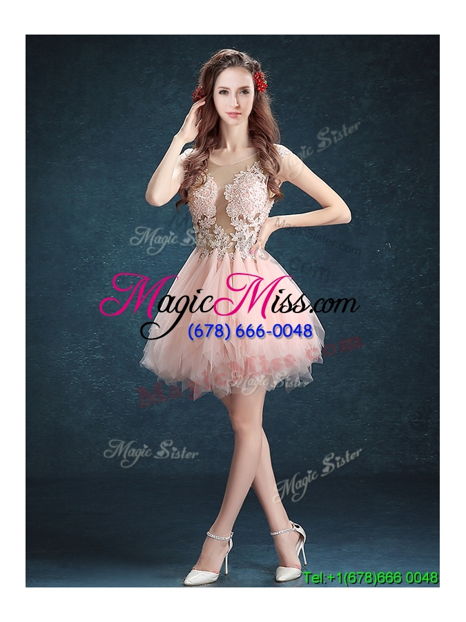 wholesale see through scoop baby pink bridesmaid dress with appliques and ruffles