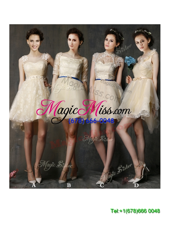 wholesale see through high neck short bridesmaid dress with sashes and lace