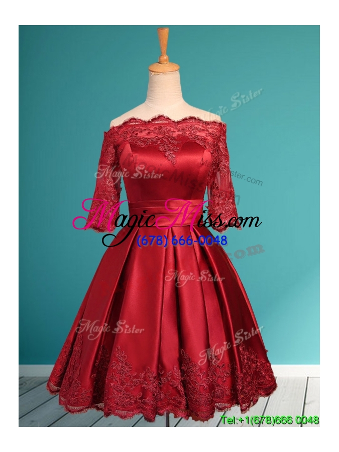wholesale romantic off the shoulder half sleeves bridesmaid dress with lace and belt