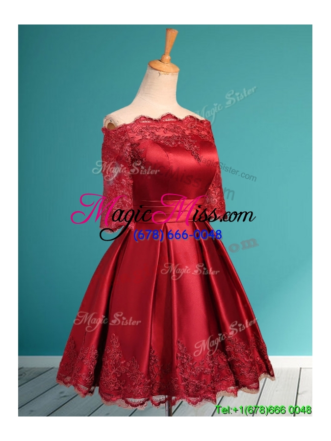 wholesale romantic off the shoulder half sleeves bridesmaid dress with lace and belt