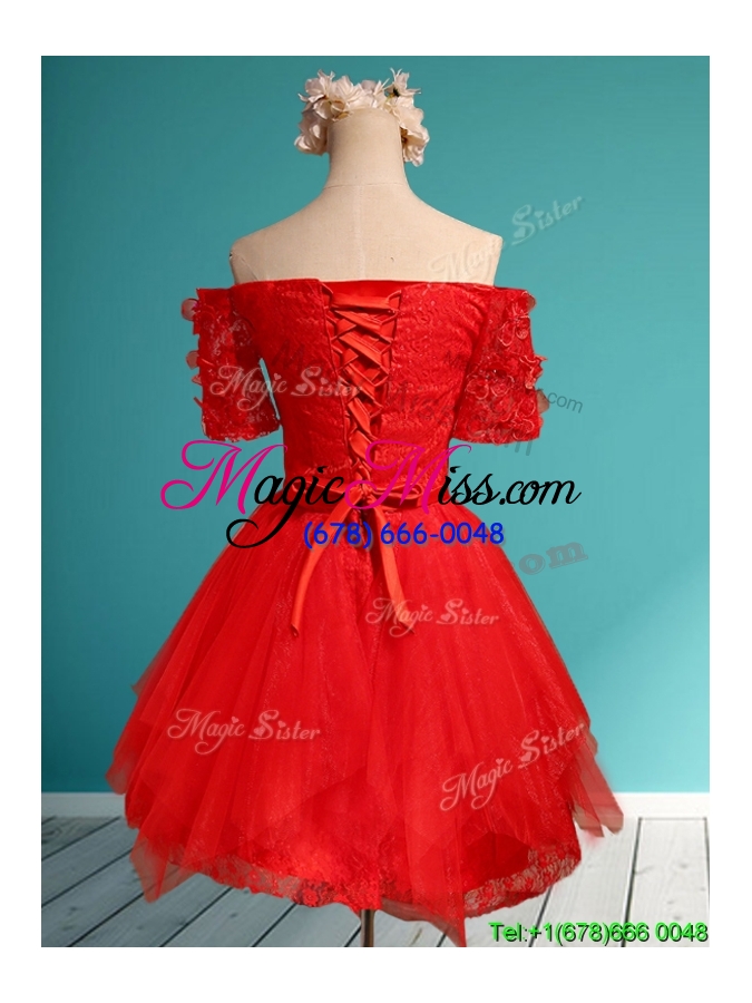 wholesale comfortable off the shoulder short sleeves red bridesmaid dress with appliques and belt