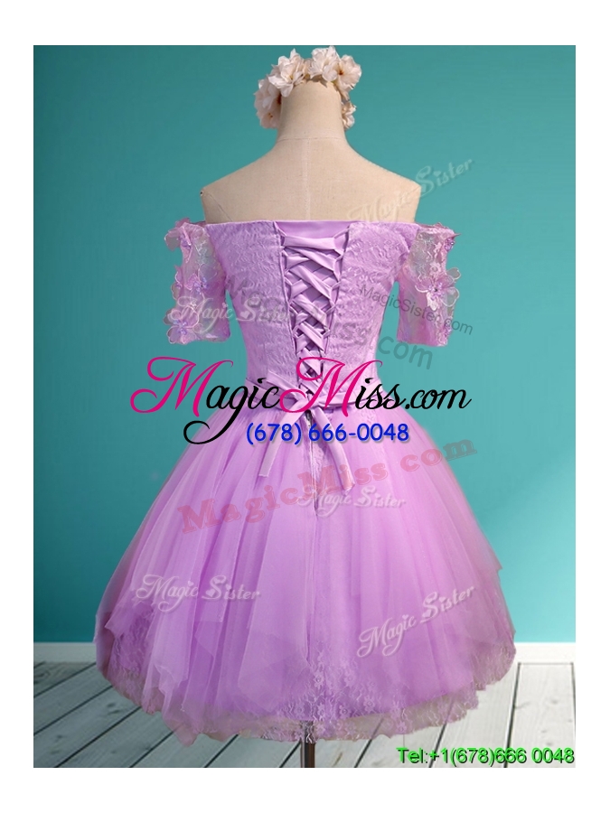 wholesale sweet lilac off the shoulder short sleeves bridesmaid dress with appliques and belt