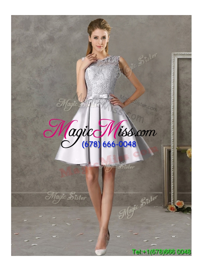 wholesale popular scoop cap sleeves bridesmaid dress with bowknot and lace