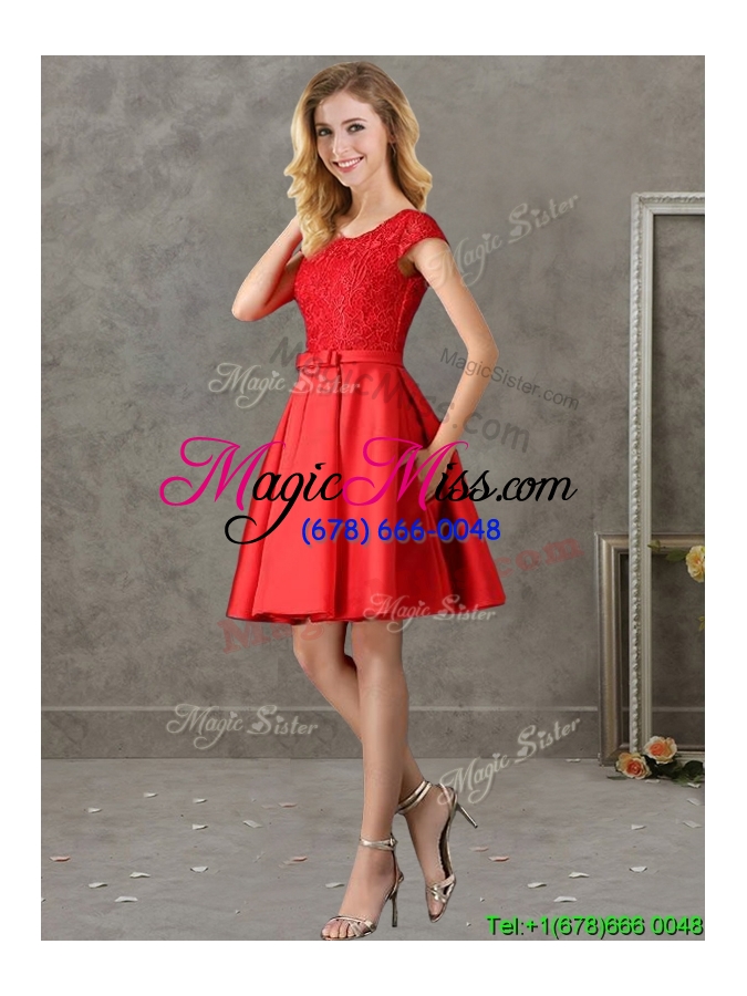 wholesale gorgeous scoop cap sleeves red bridesmaid dress with lace and bowknot