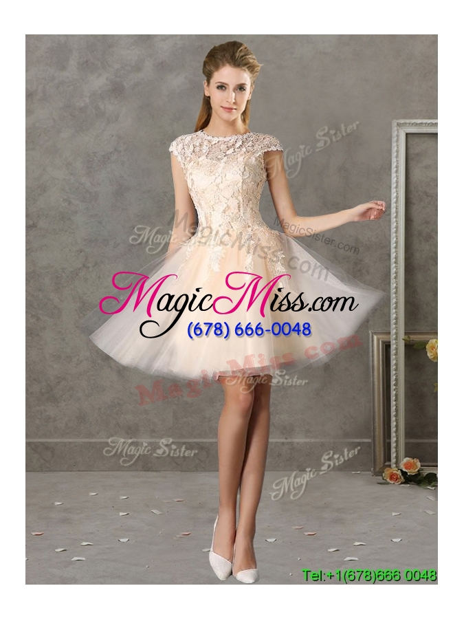 wholesale romantic bateau cap sleeves short bridesmaid dress with lace