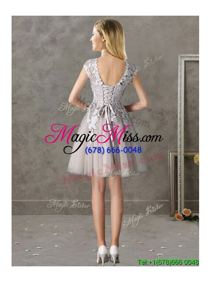 wholesale most popular bateau cap sleeves grey bridesmaid dress with lace