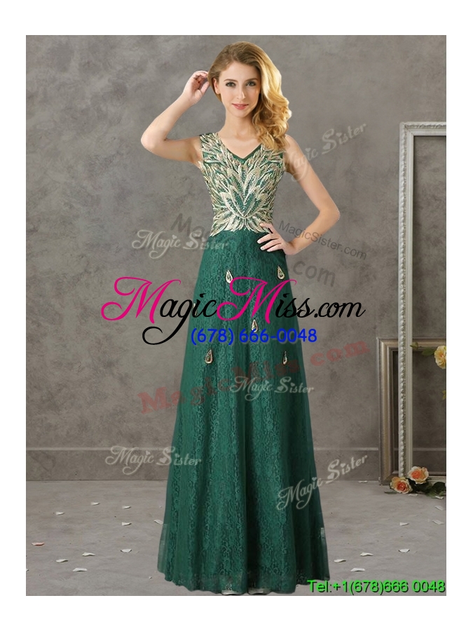 wholesale luxurious v neck dark green bridesmaid dress with appliques and beading