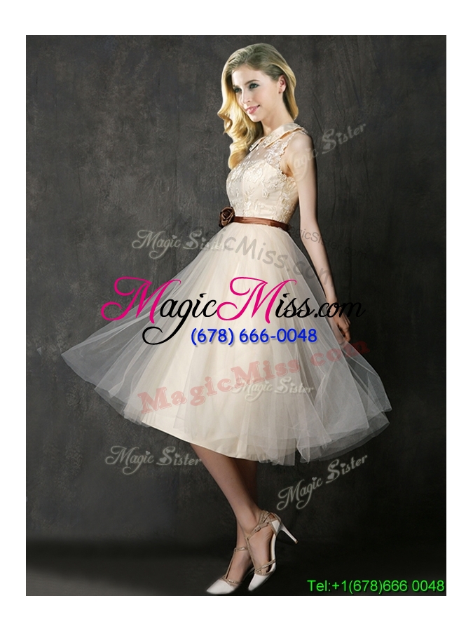 wholesale luxurious high neck champagne bridesmaid dress with hand made flowers and lace