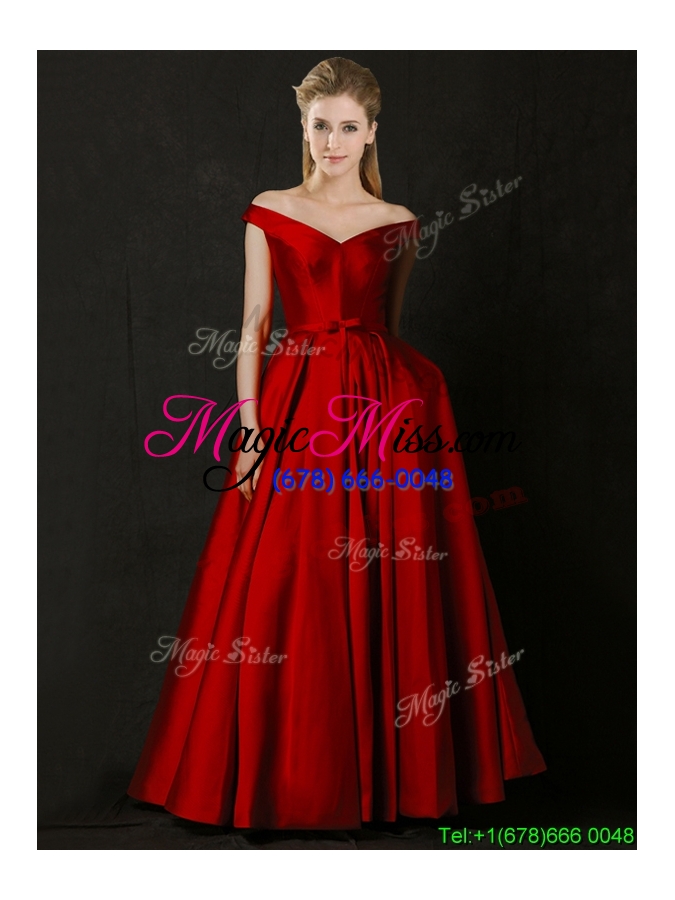 wholesale latest bowknot wine red long bridesmaid dress with off the shoulder
