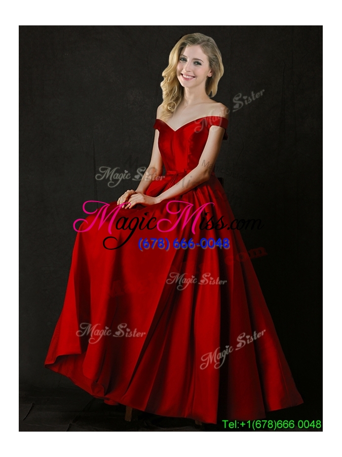 wholesale latest bowknot wine red long bridesmaid dress with off the shoulder