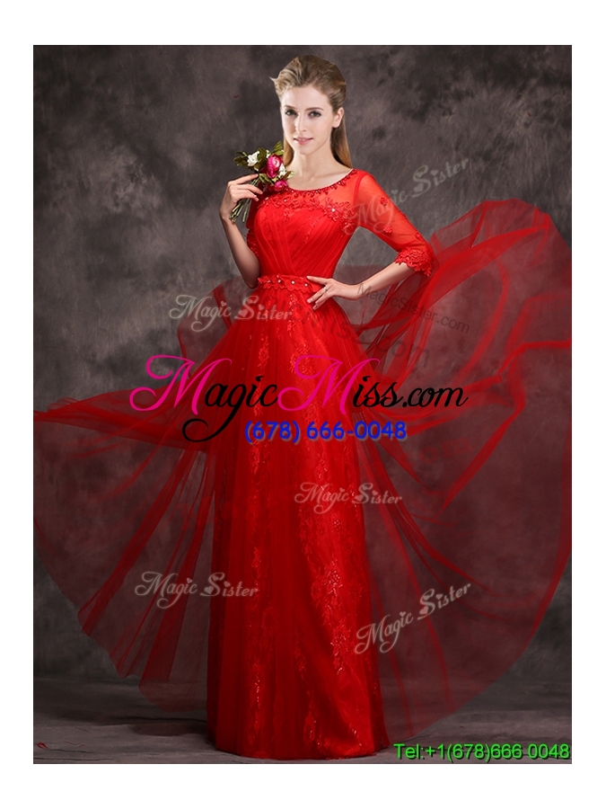wholesale exclusive see through scoop applique and laced bridesmaid dress with half sleeves