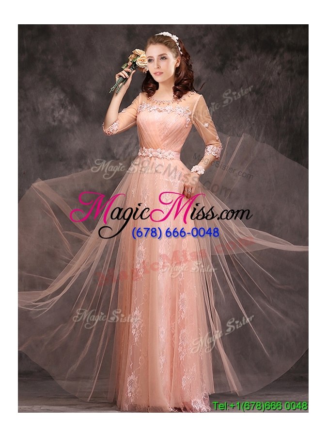 wholesale exclusive see through scoop applique and laced bridesmaid dress with half sleeves