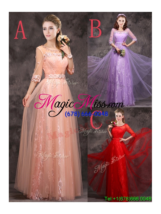wholesale exquisite see through applique and laced long bridesmaid dress in peach