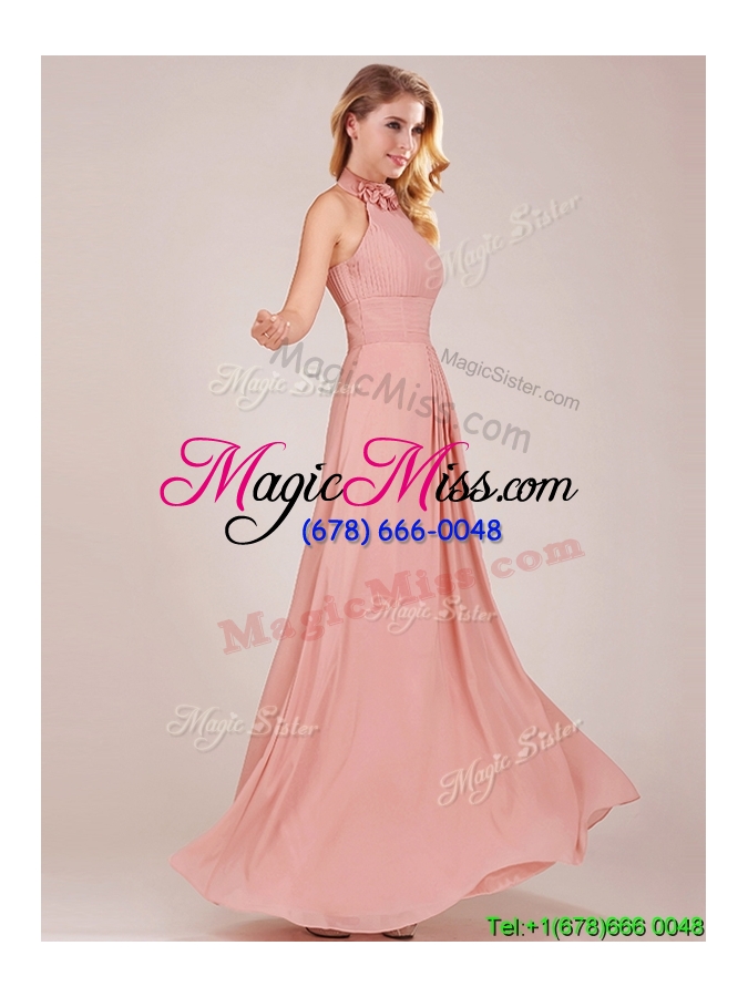 wholesale low price halter top peach long bridesmaid dress in chiffon