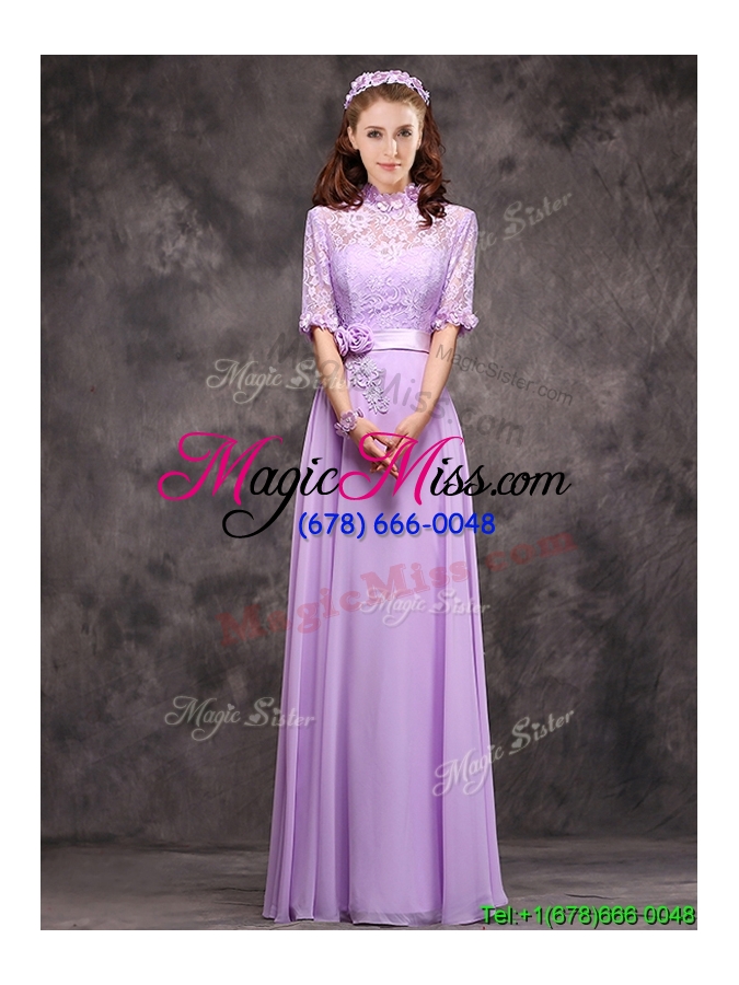 wholesale perfect high neck handcrafted flowers bridesmaid dress with half sleeves