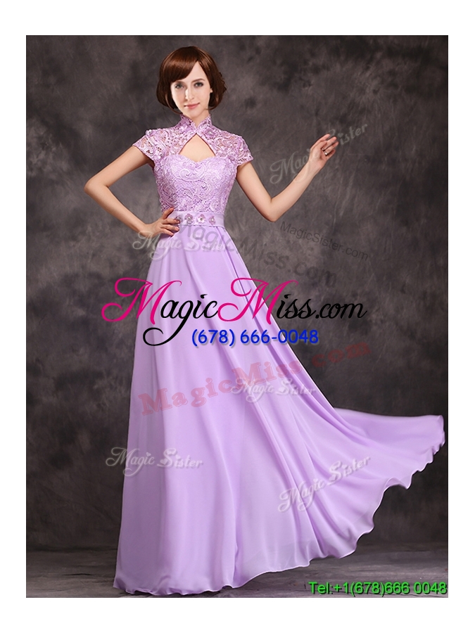 wholesale discount high neck applique and laced bridesmaid dress with cap sleeves
