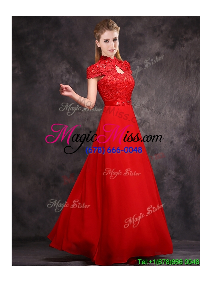 wholesale new arrivals applique and laced high neck bridesmaid dress in red