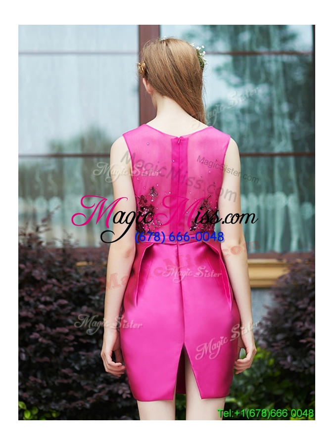 wholesale luxurious column scoop applique hot pink bridesmaid dress in satin