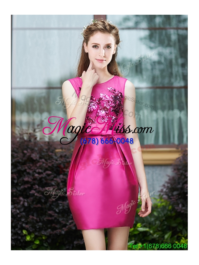 wholesale luxurious column scoop applique hot pink bridesmaid dress in satin