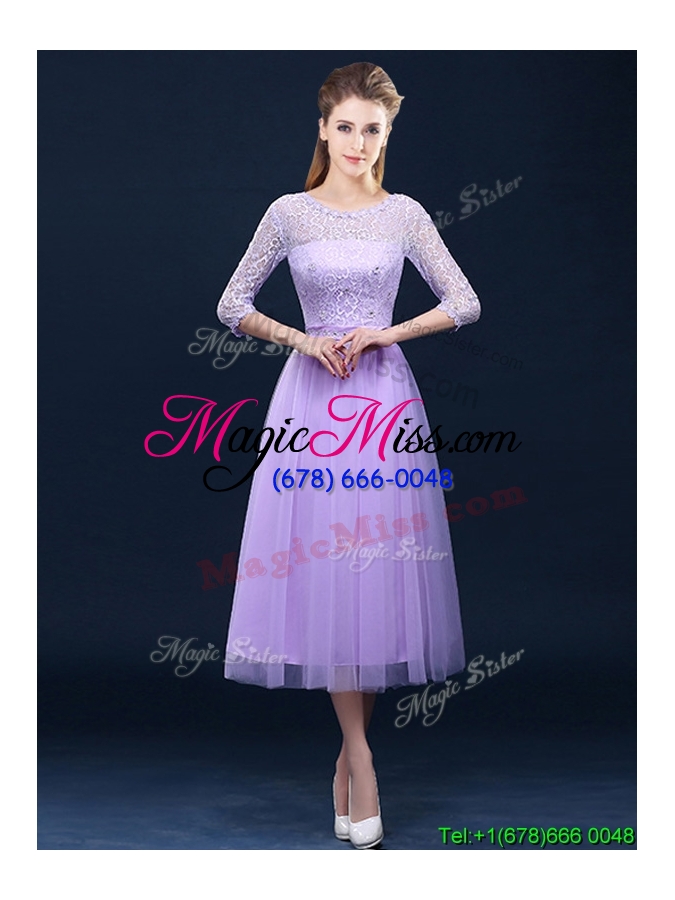 wholesale latest half sleeves tea length laced bridesmaid dress in lavender