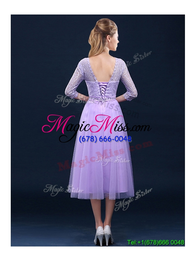 wholesale latest half sleeves tea length laced bridesmaid dress in lavender