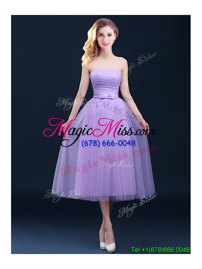 wholesale discount tea length tulle lavender bridesmaid dress with belt