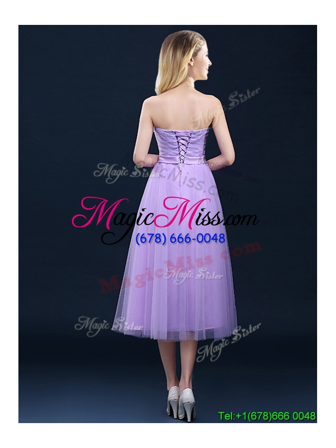 wholesale discount tea length tulle lavender bridesmaid dress with belt